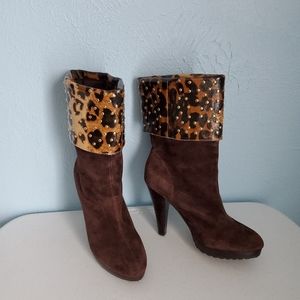 Leopard suede/leather studded cuffed heel boots